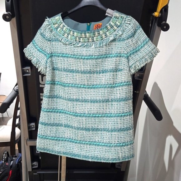 Tory Burch green, cream, teal classic tweed short sleeve top, size 6 - Picture 10 of 10